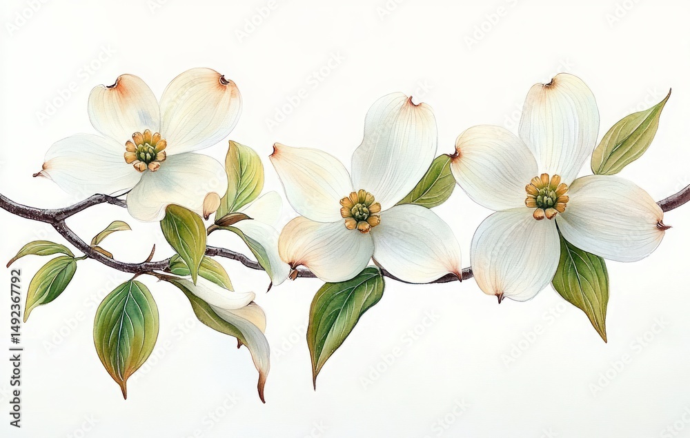 Fototapeta premium Close-up of a delicate branch with large white dogwood flowers and green leaves against a white background, evoking a sense of natural beauty and calm