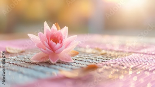 Lotus on a yoga mat at dawn, symbolizing peace and harmony in nature