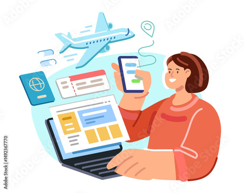 Woman uses laptop to buy or book airline ticket. Airplane travel app. Buying air tickets online