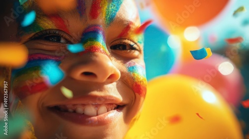 A joyful child with colorful face paint and rainbow balloons, celebrating happiness and innocence on International Children's Day.