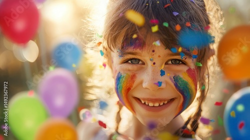 A joyful child with colorful face paint and rainbow balloons, celebrating happiness and innocence on International Children's Day.