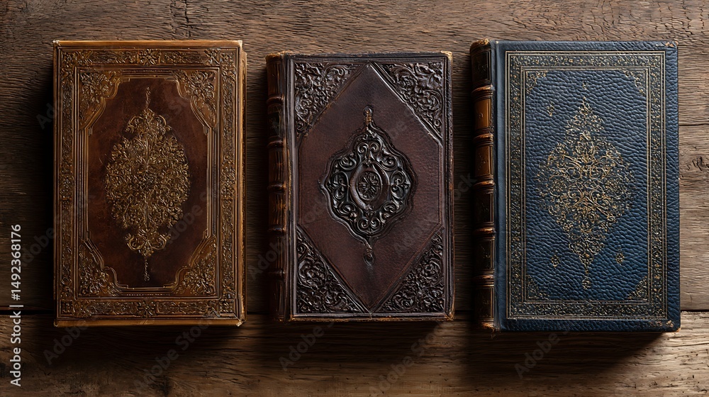 Fototapeta premium Vintage Leather-Bound Books with Intricate Details on Wooden Surface .