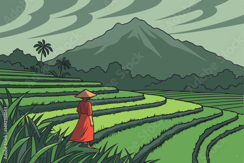 130 lush green terraced rice fields, dramatic stormy sky, mountainous landscape, lone figure in red dress and cone hat walking through field, atmospheric mood, detailed landscape, award winning photo,