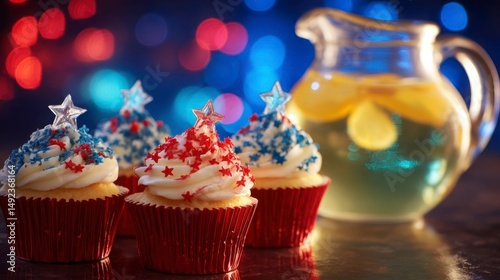 Sparkling red, white, and blue cupcakes with star sprinkles, fireworks reflected in lemonade - festive Independence Day celebration