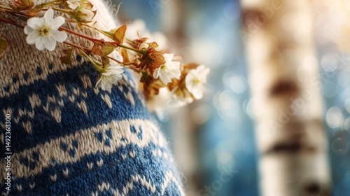 Traditional Icelandic wool sweater with intricate patterns and wildflower wreath, celebrating national heritage and nature's beauty.