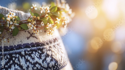 Traditional Icelandic wool sweater with intricate patterns and wildflower wreath, celebrating national heritage and nature's beauty.