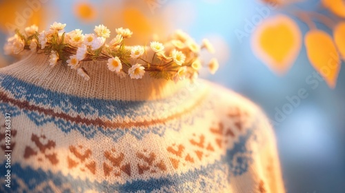 Traditional Icelandic wool sweater with intricate patterns and wildflower wreath, celebrating national heritage and nature's beauty.