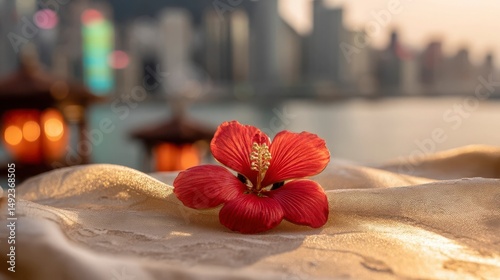 Close-up of a red bauhinia brooch on silk, golden light on petals, festive city backdrop - celebrating Hong Kong's establishment day with elegance.