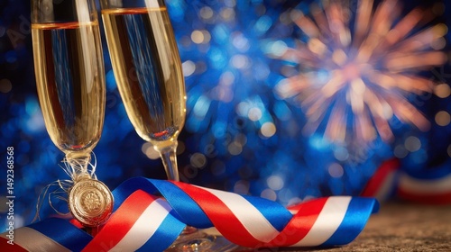 A tricolor ribbon flows beside golden champagne flutes with festive fireworks, celebrating French pride and joy.