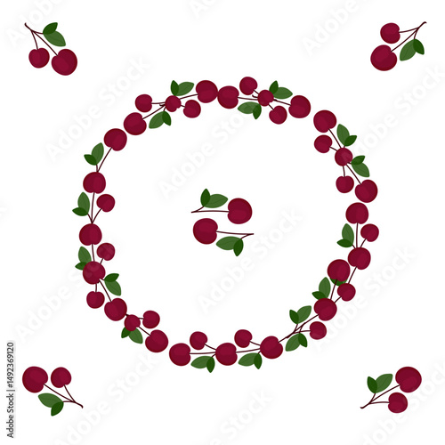 Cherry wreath. Ripe cherry with leaves. Form for text. Template Berry elements for design of cards, invitations, printing on fabric and paper. Vector illustration.