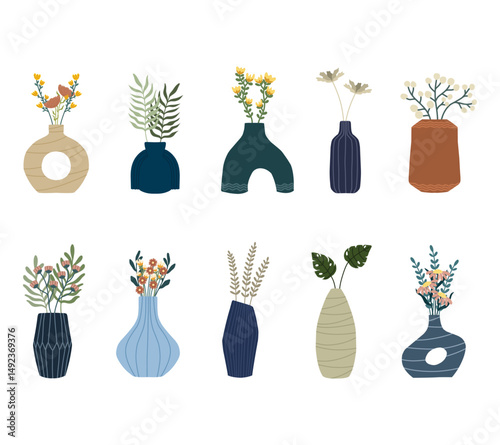 A stylish collection of potted plants in boho style pots with earthy tones for home decor themes, botanical prints, lifestyle branding, and minimalist design projects