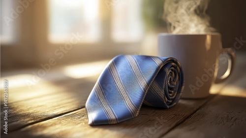 A blue striped necktie beside a coffee mug on a wooden table - A quiet Father's Day morning with timeless elegance