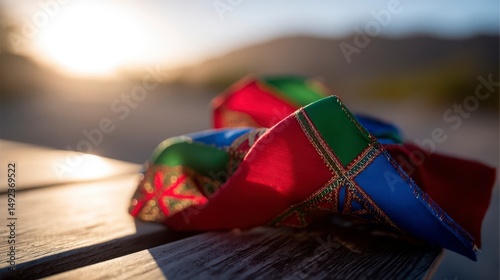 Traditional Djibouti sash with red, green, and blue embroidery on wood, celebrating independence and cultural pride.