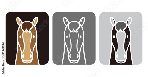 Vector Flat Style Horse Illustration Set In Full Face Isolated On A White Background. 