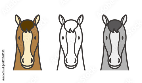 Vector Flat Style Horse Illustration Set In Full Face Isolated On A White Background. 