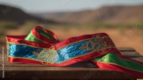 Traditional Djibouti sash with red, green, and blue embroidery on wood, celebrating independence and cultural pride.