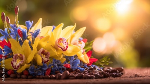 Vibrant yellow, blue, and red floral arrangement with fresh orchids, celebrating Colombia's Independence Day. A tribute to national pride and natur