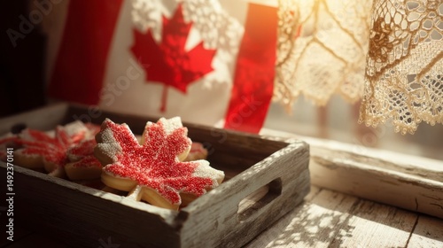 Maple leaf cookie with red and white icing on a wooden tray, celebrating Canada Day with patriotic warmth.