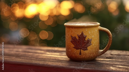 Maple leaf mug with frothy beer on rustic table, celebrating Canada Day with warm festive charm