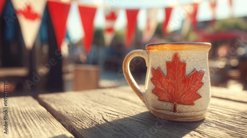 Maple leaf mug with frothy beer on rustic table, celebrating Canada Day with warmth and cheer
