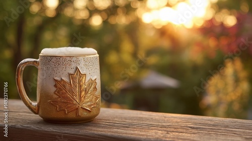 Maple leaf mug with frothy beer on rustic table, celebrating Canada Day with warm festive charm