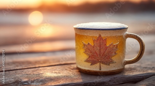 Maple leaf mug with frothy beer on rustic table, celebrating Canada Day with warmth and cheer