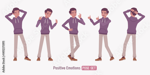 Young dark skin guy wearing purple hoodie happy pose set. City casual streetwear, daily leisure activities, everyday office work, vacation and street fashion. Vector flat style cartoon illustration