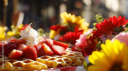 Golden Belgian waffles with strawberries and cream, surrounded by red and yellow flowers - a festive celebration of Belgium's National Day