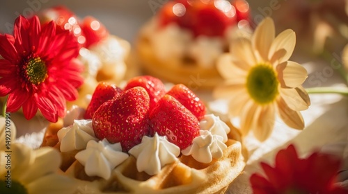 Golden Belgian waffles with strawberries and cream, surrounded by red and yellow flowers - a festive celebration of Belgium's National Day