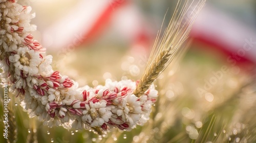 Traditional white-red-white floral wreath with wheat stalks, symbolizing Belarusian heritage and national pride under summer light.