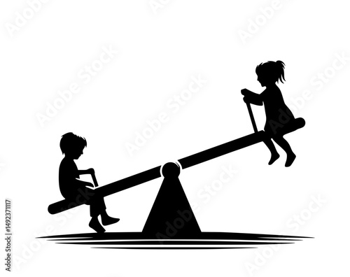 Children Playing on Seesaw Silhouette Logo Design