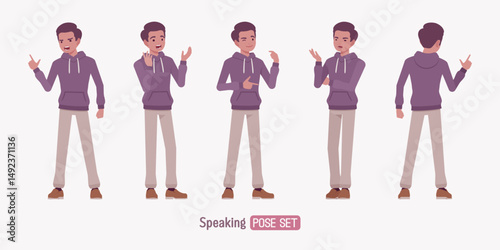 Young dark skin guy wearing purple hoodie speaking pose set. City casual streetwear, daily leisure activities, everyday office work, vacation and street fashion. Vector flat style cartoon illustration