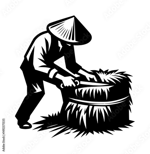 Traditional Asian Farmer Full Body Logo Black White