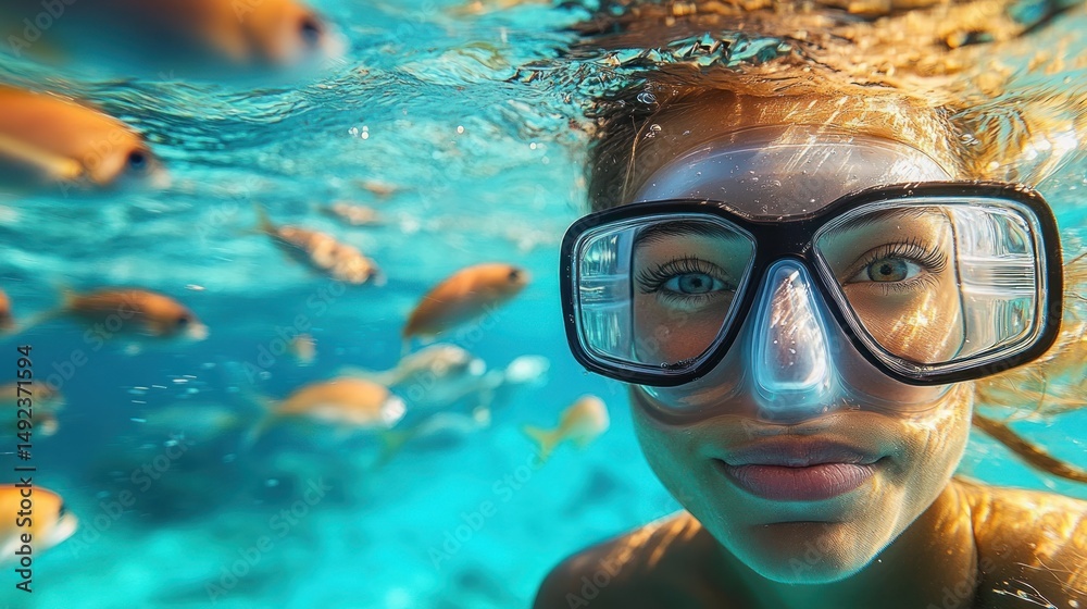 Fototapeta premium Close-up of a woman underwater wearing a diving mask surrounded by small orange fish in clear blue water, capturing a serene and adventurous moment