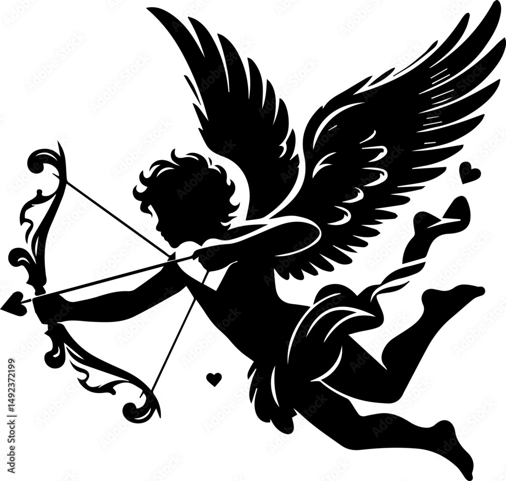 Fototapeta premium Angelic cupid silhouette shooting arrows with hearts in flight