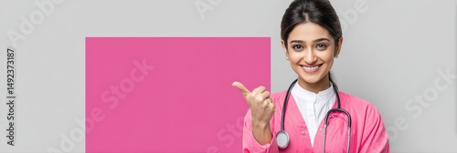 Friendly Young Doctor Pointing at Camera on Pink Background is a professional-grade stock image suitable for editorial use, social storytelling, cultural representation, and marketing visuals.