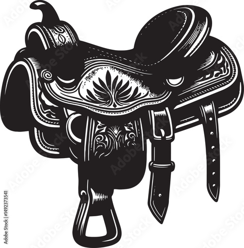 A detailed black and white drawing of a western horse saddle with ornate designs