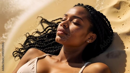 Black African American woman snoozing on the sand at the beach, happy holiday