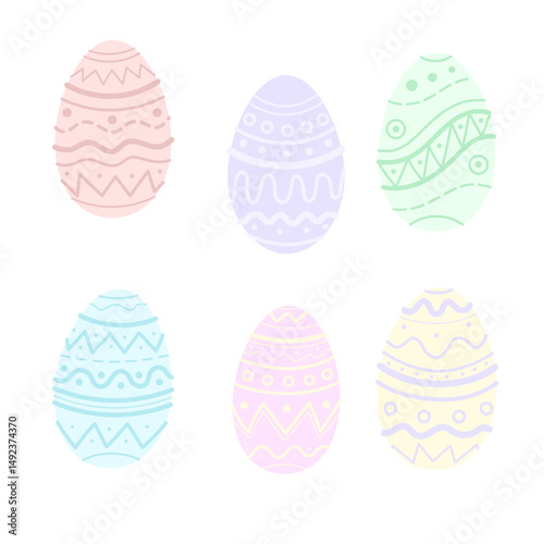 Six colorful Easter eggs with multiple pattern isolated on white background
