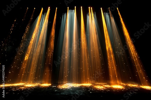 Stage lights with beam with dust particles on dark, theater, and concert background.