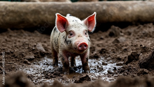 Adorable little piglet wallowing in mud at zoo