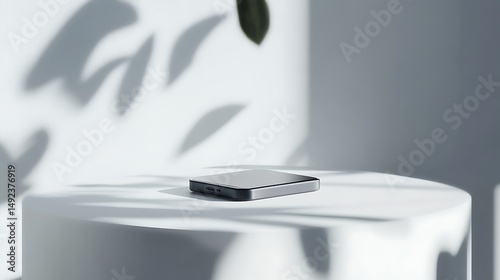 Minimalist gadget display on a clean white table with soft shadows