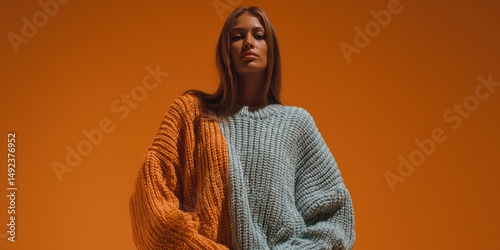Stylish Woman in Warm Knitwear and Orange Background is a professional-grade stock image suitable for editorial use, social storytelling, cultural representation, and marketing visuals.