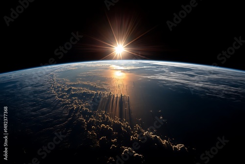 Sunrise over Earth with rays of light reflect on the ocean, space, and black background.
