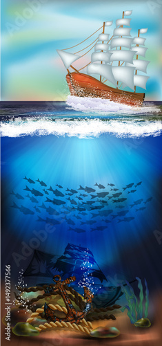 Underwater card with sailboat and old anchor. vector illustration