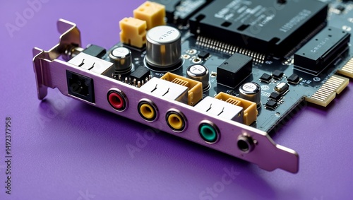 Audio card isolated on purple background close up