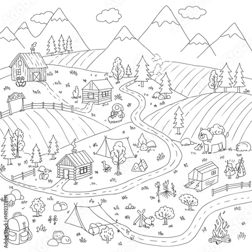 Outdoor camping, hiking and travel doodle elements. Hand drawn countryside village with huts, cabin, houses roads and farm for kids game and design. Outline vector mountains, forest, tourism equipment