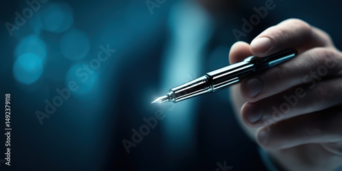 Close-Up of Hand Holding Silver Pen in Blue Light is a professional-grade stock image suitable for editorial use, social storytelling, cultural representation, and marketing visuals.