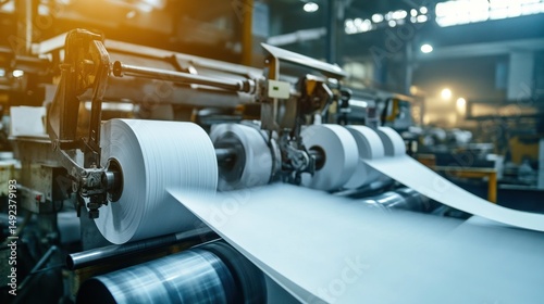 Paper production line, large rolls of paper unwinding and being processed by industrial machinery
