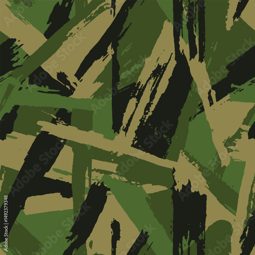 Grunge green camouflage background. Camo made brush strokes pattern, fabric print. Vector seamless texture